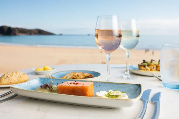 Food and beach view